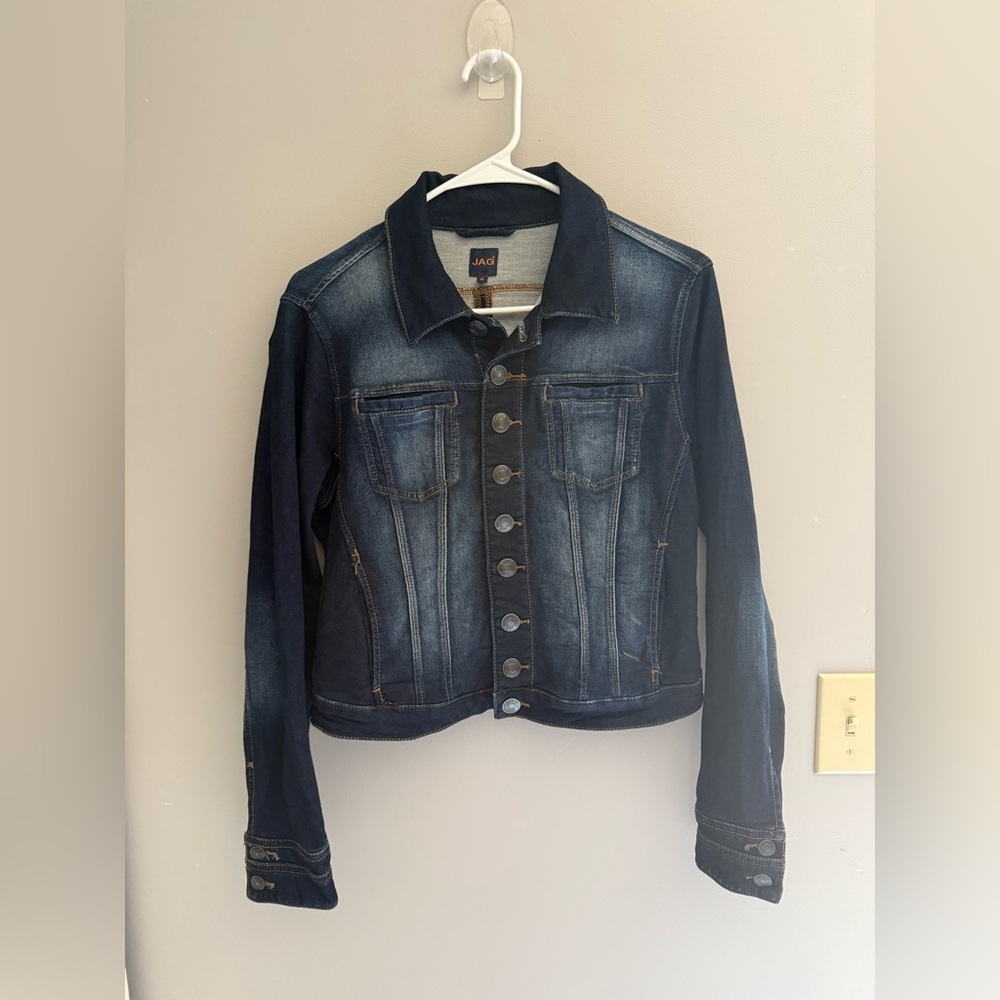 JAG Jean Jacket Women’s SZ S Dark Denim Button Front Closure Pockets Collared